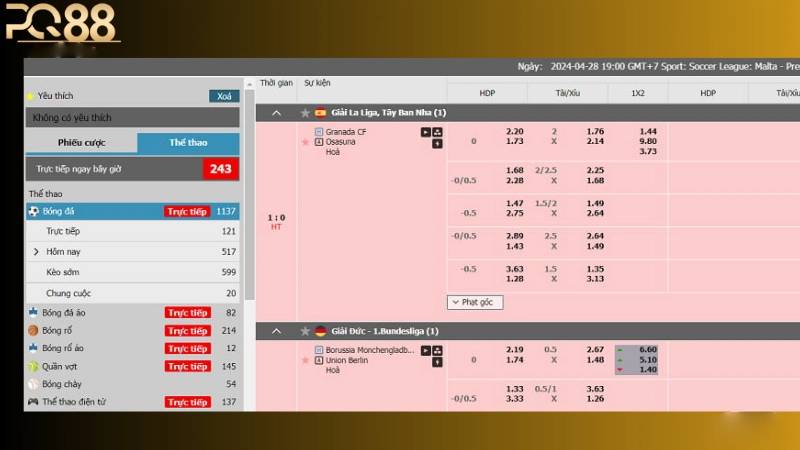 PQ88 cập nhật bảng kèo sport liên tục